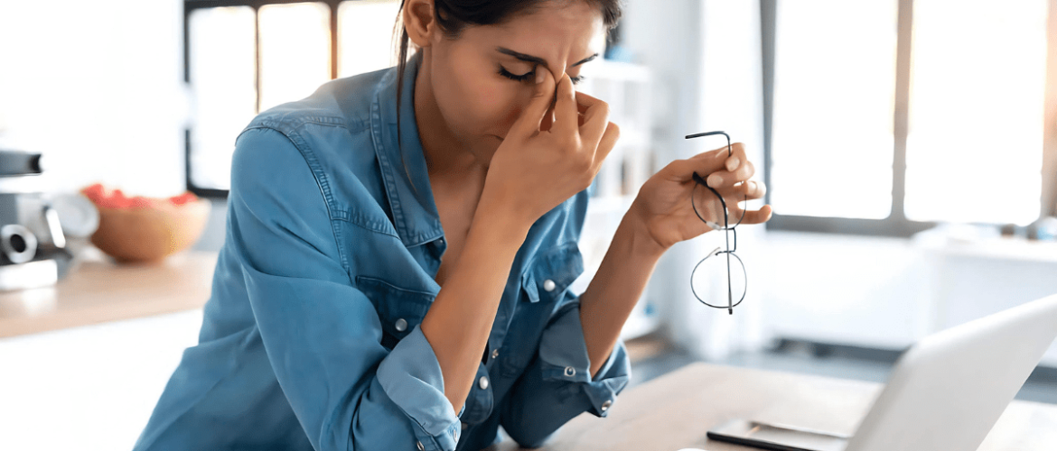 Lady in front of laptop with fingers on her eyes